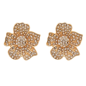 Luxury gold flower stud earrings with sparkling pavé crystals and heart petals