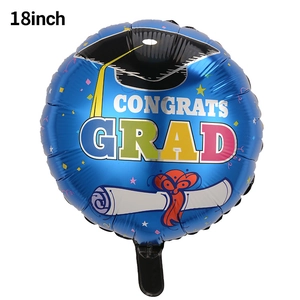 Detail of 18 inch blue graduation foil balloon with Congrats Grad print and mortarboard