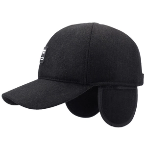 Winter men's wool baseball cap in black with fold-down ear flaps for cold protection