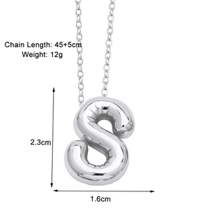 Detailed view of silver balloon initial S pendant necklace with size measurements