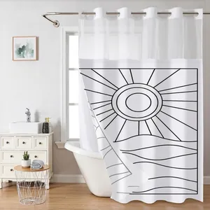 Hookless Shower Curtain And Mat Waffle Weave Snap-In Liner See-Through Mesh Top Sun Wave Pattern Waterproof Weighted Bottom