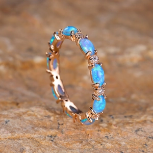 Oval Cut Opal Eternity Ring Copper Band Round Cubic Zirconia Inlaid Iridescent Fashion Jewelry For Women