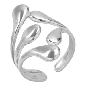 Macro detail of minimalist silver 304 stainless steel curved ring with teardrop design