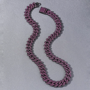 Hip hop iced out cuban link chain necklace with purple rhinestones on dark metal