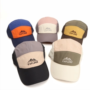 Five assorted five-panel outdoor baseball caps with explore mountain peak embroidery
