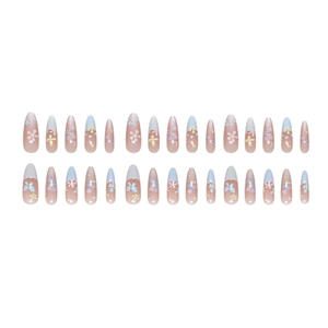 Sweet candy-colored almond press-on nails with floral and star cat-eye graffiti patterns