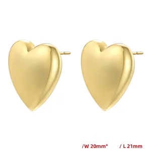 Minimalist gold-plated matte heart stud earrings 20mm x 21mm size front view on white back