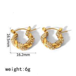 18K gold plated twisted hoop earrings with white rhinestones measuring 16.5mm by 16.2mm