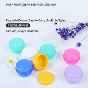 Mushroom-shaped cosmetic cream jars in various colors and sizes for travel skincare