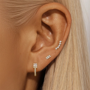 S925 sterling silver gold plated marquise CZ hoop and stud earring set on model ear