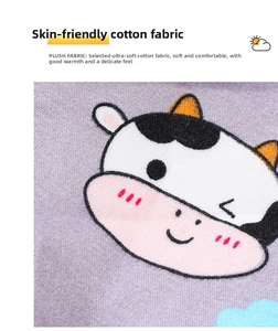 Close-up of soft plush purple fabric with cute cartoon cow pattern for pet sleeping mat