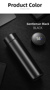 Close-up of matte black smart vacuum flask with LED temperature display showing 56 degrees