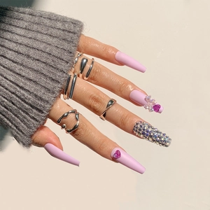 Purple Matte Press On Nails With Rhinestone 3D Bow Heart Long Coffin Shape Sweet Style Women Full Cover Fake Nails