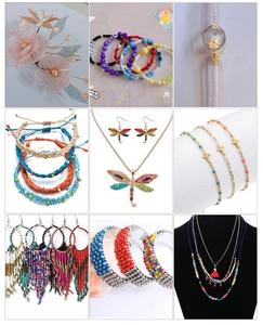 Showcase of various beaded jewelry including bracelets, necklaces, and elegant tassels