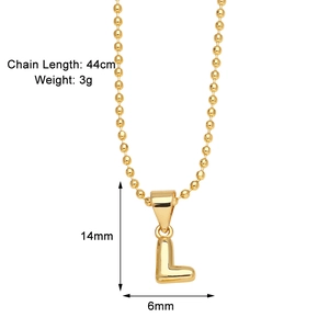 Polished gold letter L pendant necklace with detailed size specs and thin bead chain