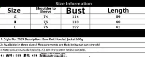 Size chart for bow-knot hooded knit cardigan showing measurements in centimeters