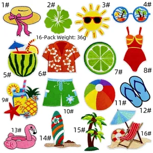 Set of 16 summer theme embroidery patches including sun and flamingo motifs, 36g weight