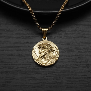 Close-up of vintage Greek mythology coin pendant in gold titanium steel with box chain