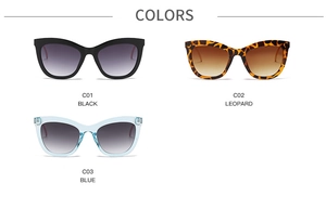 Cat eye sunglasses assortment in black, leopard, and blue colors with gradient lenses