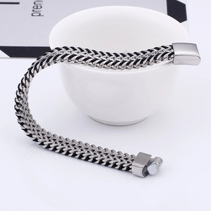Men's double-row stainless steel and black leather woven bracelet with magnetic clasp