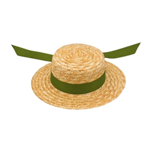 Flat top straw sun hat with olive green ribbon for beach sun protection for women
