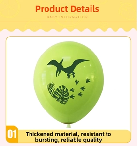 Detail view of a green latex dinosaur balloon with pterosaur prints for jungle parties