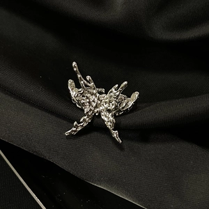 Detailed macro shot of silver butterfly ring with liquid molten metal texture surface