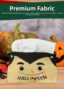 Detail of Halloween vampire plush tissue box cover with Happy Halloween lettering