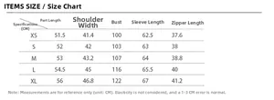 Detailed size chart for faux fur jacket including chest, length and sleeve measurements