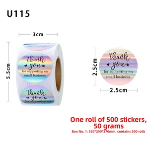 Detail showing dimensions of 2.5cm rainbow holographic Thank You business stickers
