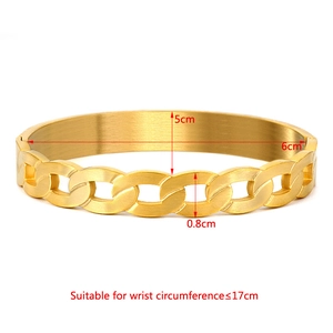 Detail view of gold titanium steel bangle with chain texture and size dimensions shown