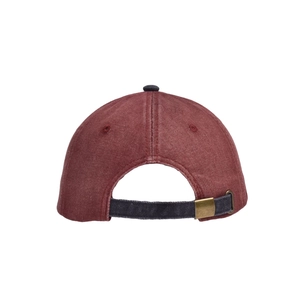 Macro view of burgundy washed denim baseball cap with adjustable metal buckle strap