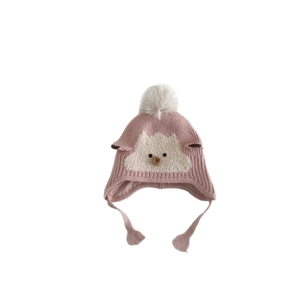 Pink knit baby winter hat featuring a cute white cartoon sheep design and a large faux fur pom