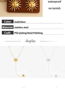 Detail of sun face pendant necklace in gold and silver finish showing waterproof features