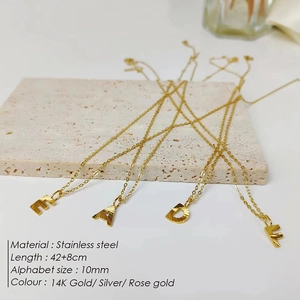 Detail of alphabet pendants with radial texture on stainless steel 14K gold necklaces