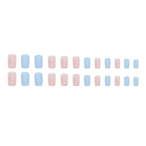 Matte sky blue and pink press-on nails with silver wavy lines in 24-piece set