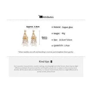 Detailed specs for crystal pearl tassel earrings with copper and glass materials