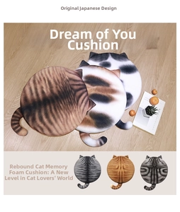 Detailed view of cat-shaped memory foam cushions in tabby, calico, and tuxedo patterns