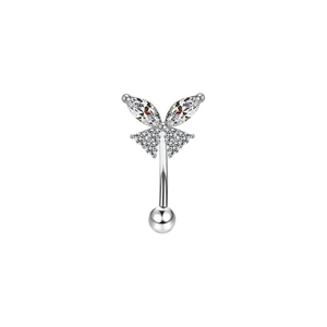 Close-up of a silver butterfly eyebrow piercing bar with shiny marquise zircon stones