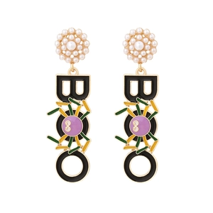 Halloween drop earrings with BOO letters, spider element, and faux pearl details