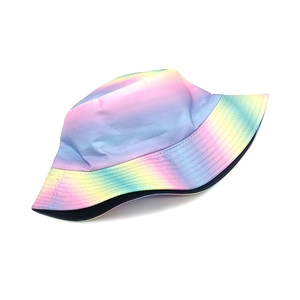 Macro detail of rainbow gradient bucket hat stitching and pastel polyester fabric texture