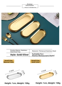 Detailed size specifications for small oval stainless steel jewelry tray in gold and silver