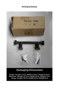 Size chart showing small, medium, and large cast iron door handles with measurements
