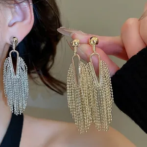 Vintage Geometric Tassel Dangle Earrings With 925 Sterling Silver Earring Post Chic Beaded Chain Long Copper Jewelry