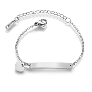 Polished stainless steel ID bracelet with heart pendant and adjustable chain link for kids