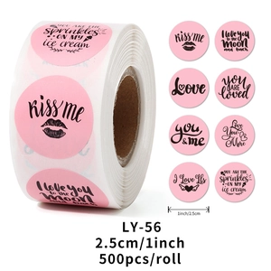 Roll of 500 pink Valentine's Day heart stickers with 8 artistic designs and text