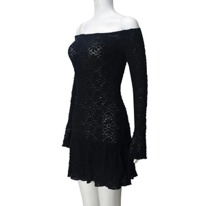 Close-up of black lace off-shoulder dress featuring intricate 3D floral knit textures