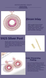 Macro detail of S925 silver needle and AAA pink zircon inlay on gradient round earrings