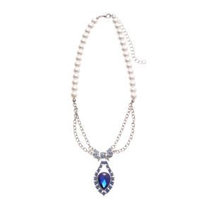 Elegant pearl necklace with a blue crystal bow and a teardrop-shaped gemstone pendant
