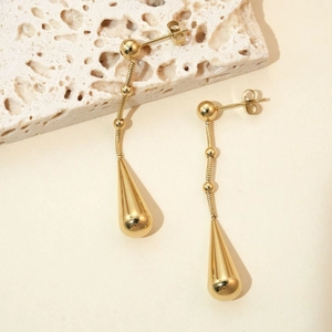 Elegant gold plated stainless steel long drop earrings with ball stud and snake chain